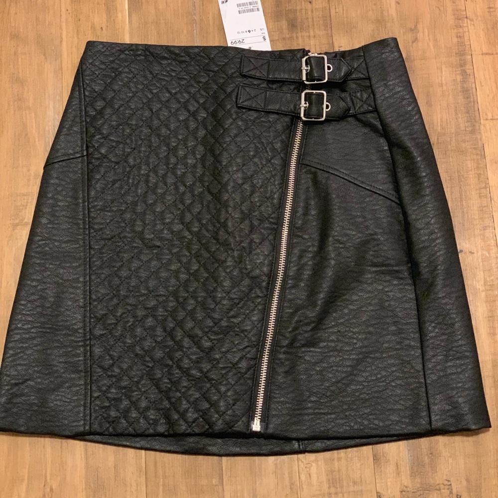 Women’s Black Leather Moto Skirt